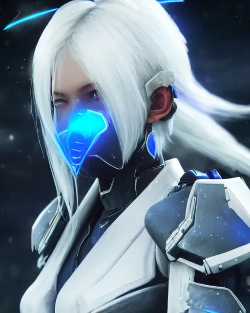 Image similar to perfect white haired girl, warframe armor, beautiful, dreamy, half asian, pretty face, blue eyes, detailed, windy weather, scifi platform, laboratory, experiment, 4 k, ultra realistic, epic lighting, cinematic, high detail, masterpiece, by akihiko yoshida, kazuya takahashi