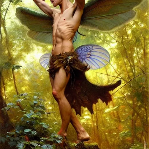 Image similar to attractive male fairy with wings in the forest, posing. highly detailed painting by gaston bussiere, craig mullins, j. c. leyendecker, 8 k