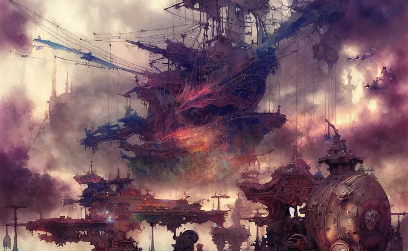 Image similar to airshps fleet, fantasy, steampunk. intricate, amazing composition, colorful watercolor, by ruan jia, by maxfield parrish, by marc simonetti, by hikari shimoda, by robert hubert, by zhang kechun, illustration, gloomy