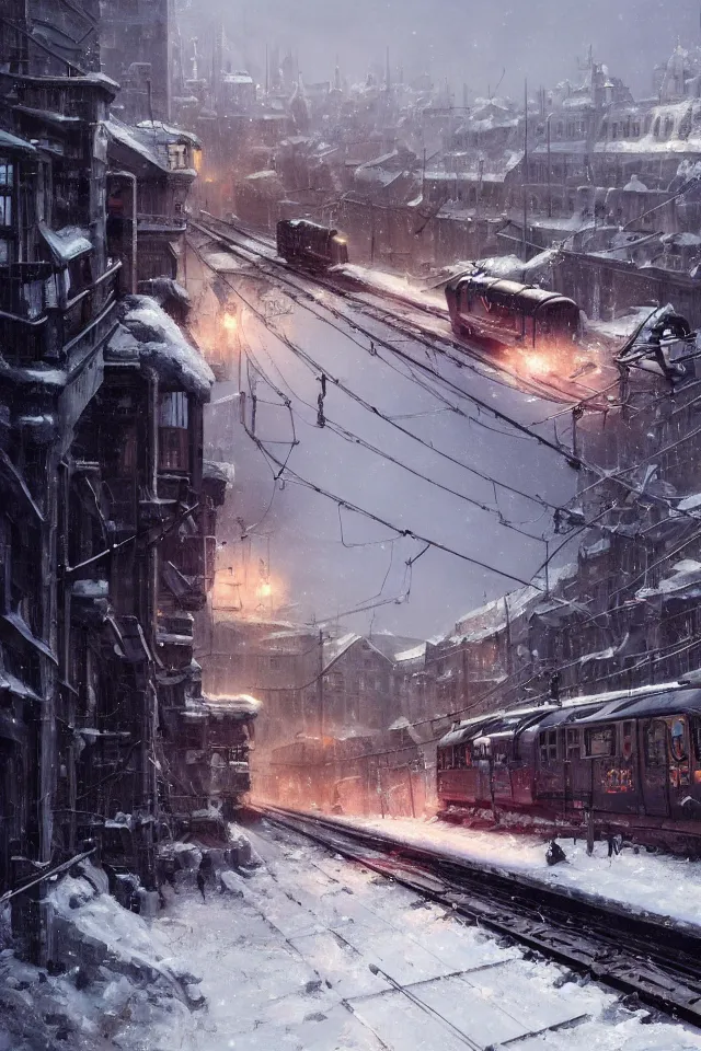 Image similar to highly detailed painting of dieselpunk stockholm, winter, snow, tram on rail tracks, dystopia, by greg rutkowski, by raphael lacoste, 4 k resolution, trending on artstation