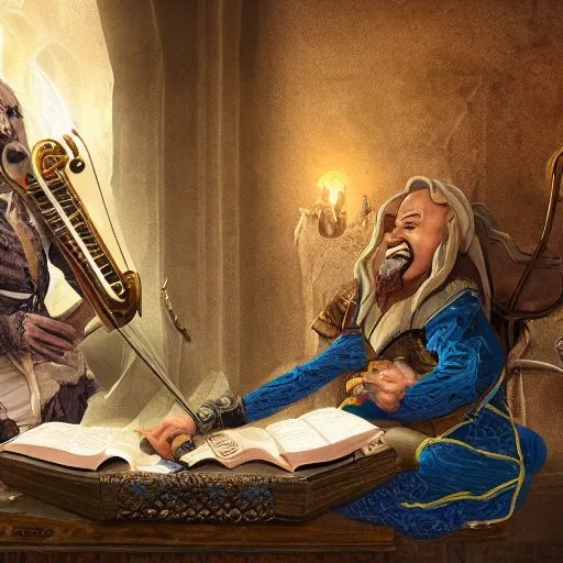 Image similar to A bard and a sad lizard person, Dungeons and Dragons, Wizards of the Coast, 4k, high detail