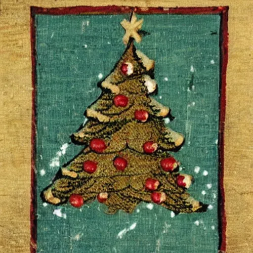 Prompt: medieval painting of a picket fence shield with a christmas tree on it, tattered fabric texture