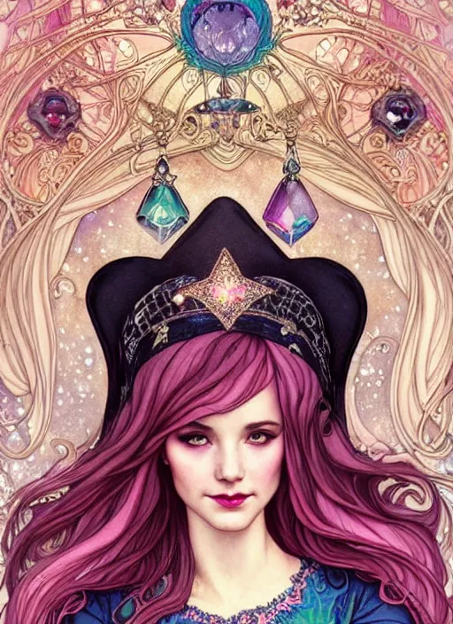 Prompt: fantastic portrait of a beautiftul witch with some shinny star, crown, royally decorated crystal gemstones, symmetrical face, art nouveau, portrait, cute, fairy, by artgerm, kelly mckernan, charlie bowater, alphonse mucha, detailed background, artstation, intricate, elegant, highly detailed, colorful, maximalist