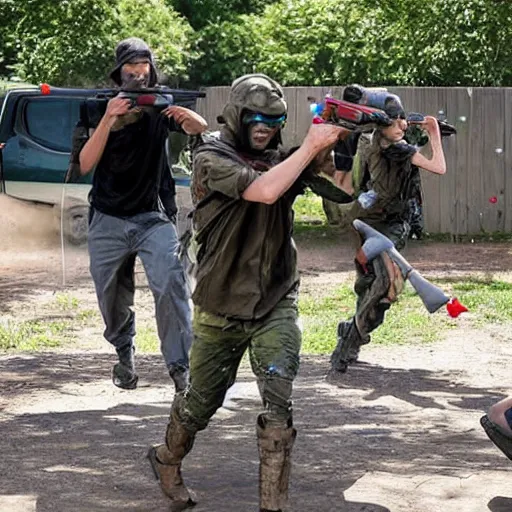 Image similar to Modern warfare with just water guns and water balloons.