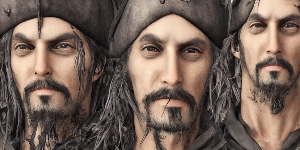 Image similar to realistic portrait of a handsome pirate with black hair, 1450, ink, ultra realistic, 8k