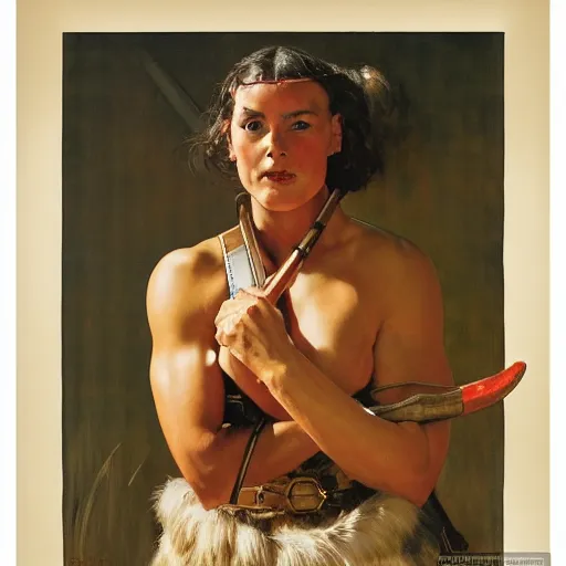 Image similar to portrait of a beautiful savage muscular barbarian female with light leather armor, by norman rockwell