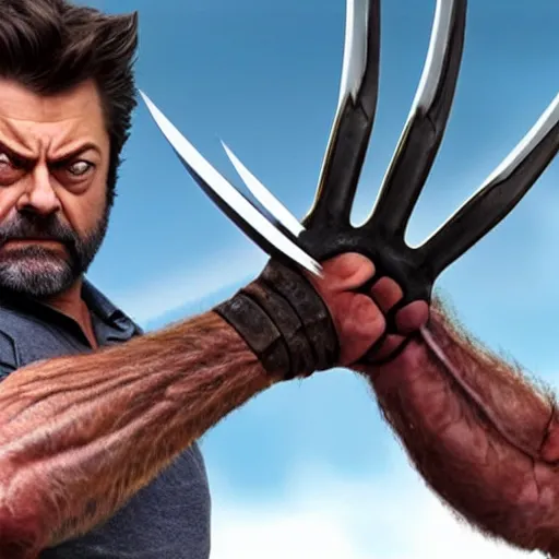 Prompt: logan wolverine pictured as nick offerman with 3 identical claws released off his wrist, photorealistic marvel movie still, detailed, 8 k, digital art