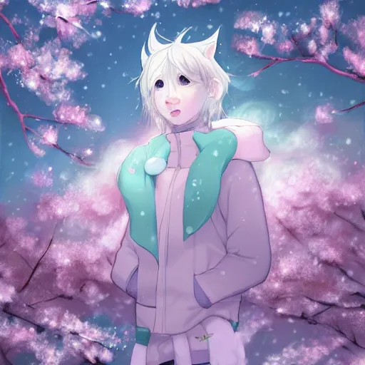 Image similar to aesthetic portrait commission of a albino male anthro liger under a cherry blossom tree bubble filled while wearing a cute mint colored cozy soft pastel winter outfit with pearls on it, winter atmosphere. character design by artgerm, and makoto shinkai, detailed, inked, western comic book art, 2 0 2 0 award winning painting