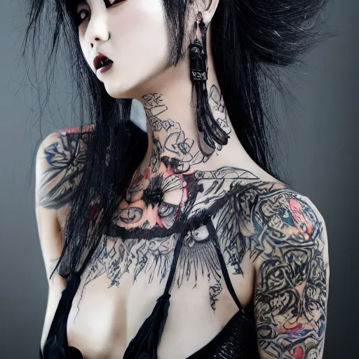 Image similar to japanese gothic model with maximalist hair style and kanji tattoos, dark colors, fashion model, portrait shot, depth of field, 8 k, hyper detailed, intricate, trending on artstation