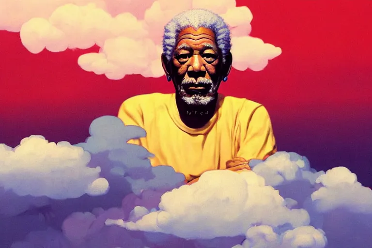 Image similar to Pixiv Digital art Full Body Extreme Detailed Full and Isolated and singular portrait of Morgan Freeman sitting on a Cloud in the sky. His legs are crossed lotus position in the scene is full of clouds by Ilya Kuvshinov and Greg Rutkowski