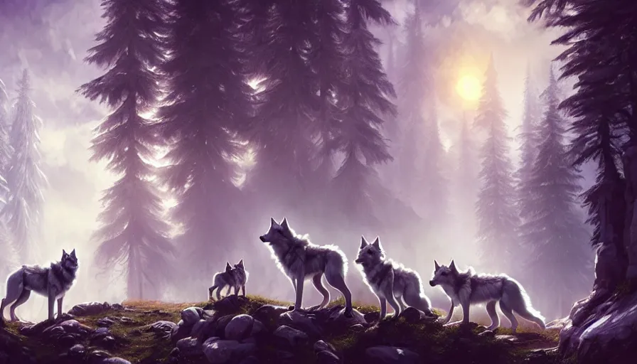 Image similar to dreamy fantasy pack of wolves, bright, white, epic scene, matte painting, highly detailed, high quality, 8 k, 4 k, octane render, digital painting, alena aenami, lilia alvarado, shinji aramaki, karol bak, alphonse mucha, tom bagshaw