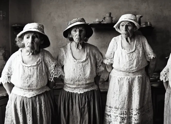 Image similar to close up of three old women from brittany with hats in white lace and dark folk costumes in a kitchen. they look visibly angry