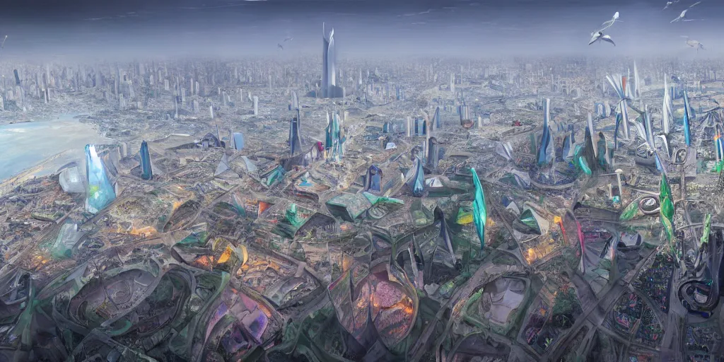 Image similar to a beautiful painting of baghdad city, crowded people, city landscape, zaha hadid, louis kahn, fantasy, futuristic, by yves tanguy, trending on artstation, unreal engine