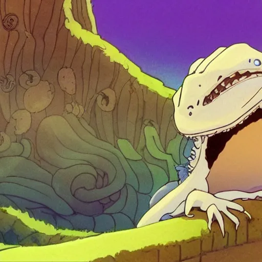 Prompt: beautiful illustration of a bearded dragon looking up lovingly at a young french woman with purple hair. animation frame from the studio ghibli film by miyazaki.