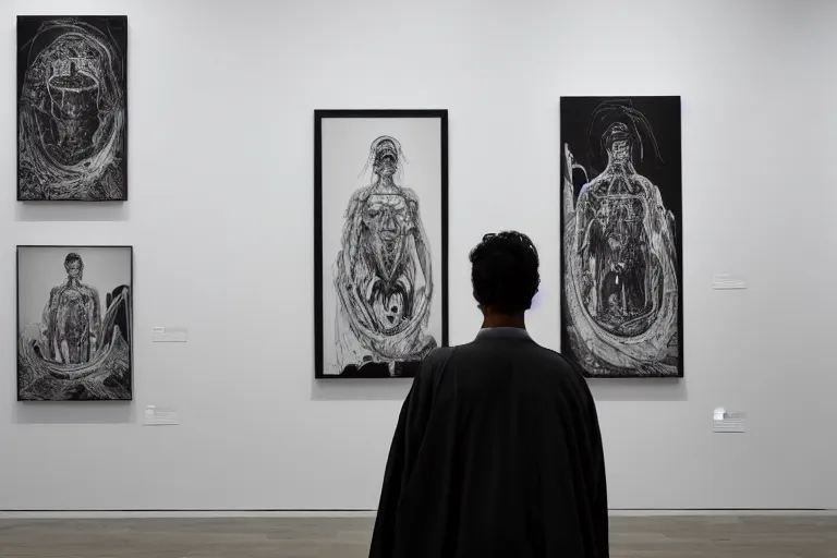 Image similar to back view of a man wearing white modern robe standing in front of the painting in the minimalist liminal art gallery, retrofuturism, symmetry, highly detailed, very sharp details, modern sci - fi movie, by piranesi and giger