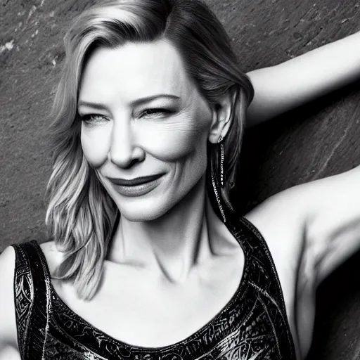 Image similar to high resolution image of cate blanchett with full body maori tattoo , highly detailed, photorealistic, 4k