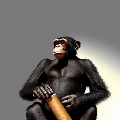 Image similar to a high detail shot of a chimp wearing a suit, smoking a cigar, render, cgsociety, photorealism