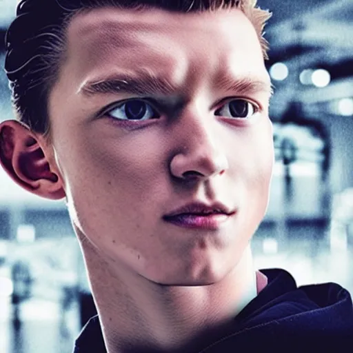 Image similar to “a realistic detailed photo of a guy who is the terminator robot, who is a male android, Tom Holland, shiny skin, posing like a statue, blank stare”