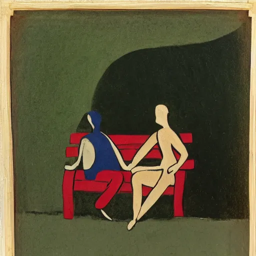 Prompt: a couple sitting on a park bench, cave painting