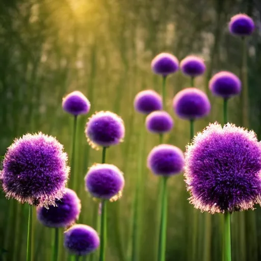 Image similar to allium flowers in a forest, golden hours, wilderness, cinematic lighting, trending on artstation