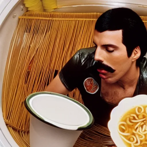 Prompt: Photo of Freddie Mercury eating ramen inside a washing machine, highly-detailed 4K award-winning