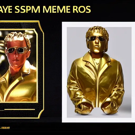 Image similar to the guy from spy kids 3 immortalized stone recognized as the hero he is, a gold plate with his exploits engraved onto it attached to the base of the statue