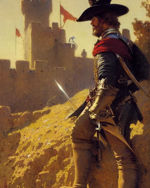 Image similar to attractive musketeer watches an army approach, he is on a castle wall, painting by gaston bussiere, craig mullins, j. c. leyendecker