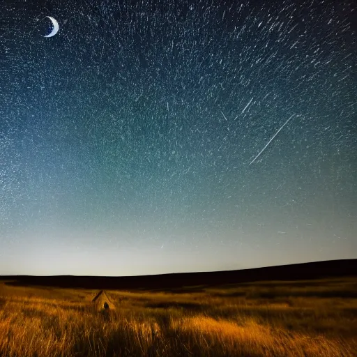 Prompt: a photo of the night sky with a lot of stars and a beautiful landscape and the moon in the background, telephoto photography