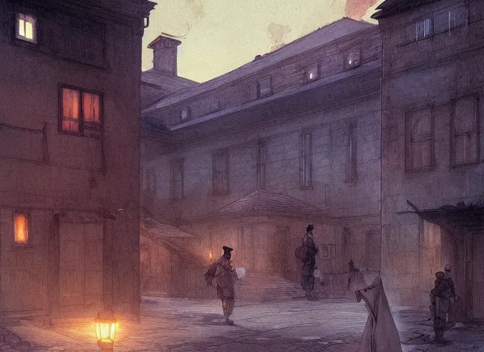 Image similar to 1 8 5 4 crimean war, army hospital in scutari at night, wounded patients in beds on both sides of hospital ward, dark, grimy, finely detailed perfect art, painted by greg rutkowski makoto shinkai takashi takeuchi studio ghibli