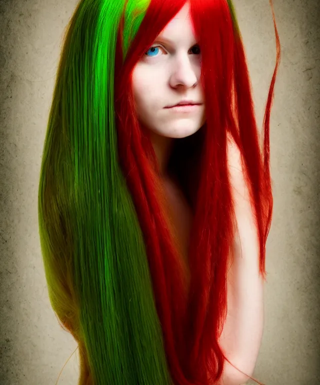 Image similar to Fae teenage girl, portrait, long red hair, green highlights