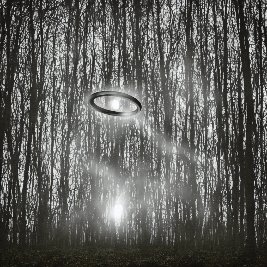 Prompt: floating alien lifeform that appears as a series of rings floating in mid air, lit by spotlights, dark, midnight, forest, american midwest, sci fi, ufo, photorealistic, movie shot