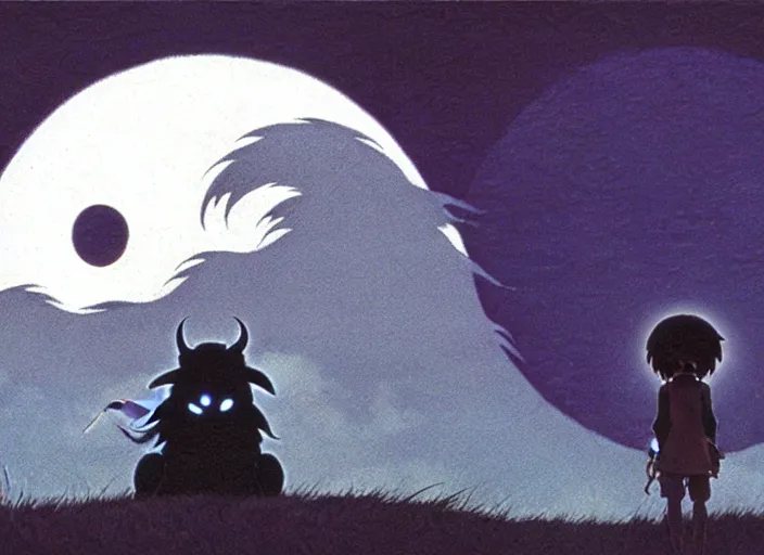 Prompt: a still from a studio ghibli movie of a cartoon shadow demon from princess mononoke ( 1 9 9 7 ), in front of a pale full moon, full body, wide shot, very dull muted colors, studio ghibli, highly detailed, deviantart, art by artgem