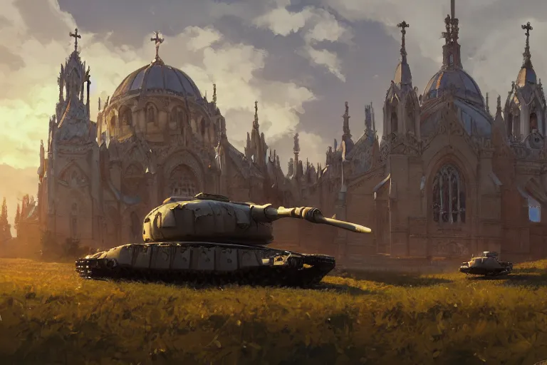 Prompt: concept art of a huge ornate church with lots of smaller chapels combined on top of a tank aka churchtank in an open field, key visual, ambient lighting, highly detailed, digital painting, artstation, concept art, sharp focus, by makoto shinkai and akihiko yoshida and greg manchess