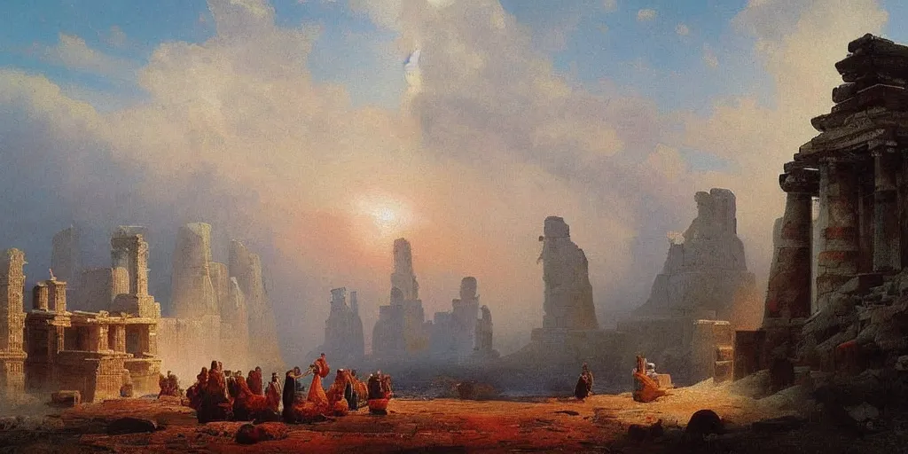 Prompt: big enormous ancient temple ruins beautiful artwork detailed painting by ivan aivazovsky by greg rutkowsky