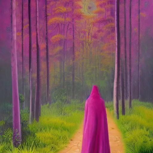 Image similar to a pink mage walking through a lush psychedelic forest, oil painting, by martin wiegand