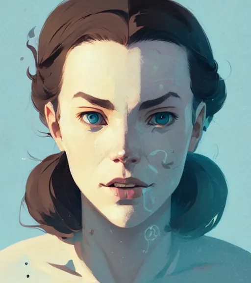 Image similar to portrait of a woman raised on the island face tatooes by atey ghailan, by greg rutkowski, by greg tocchini, by james gilleard, by joe fenton, by kaethe butcher, dynamic lighting, gradient light blue, brown, blonde cream and white color scheme, grunge aesthetic