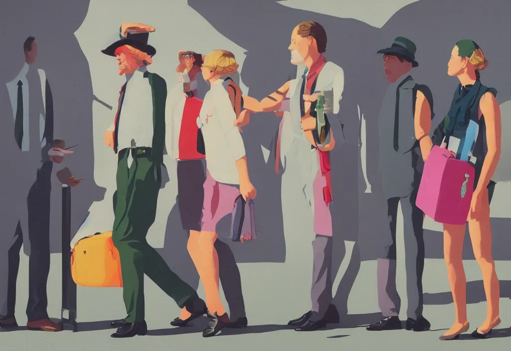 Image similar to full body portrait of a trio of european tourists getting off a tour bus for sightseeing, character designs painting, in the style of wes anderson, rene magritte, lola dupre, isolated on white background, dark monochrome neon spraypaint accents volumetric octane render