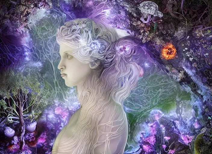 Image similar to glowing delicate flower and mushrooms that grow in a dark fatansy forest on the planet Pandora, an idealistic marble statue with fractal flowery hair in a fractal garden,