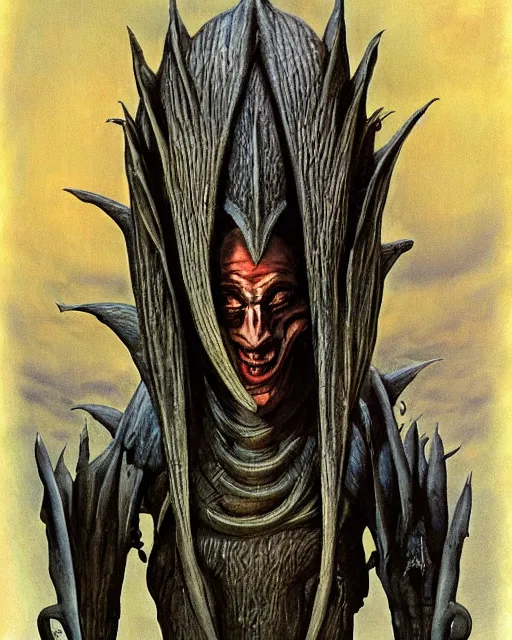 Image similar to male, dark jester by roger dean, by hr giger, ( ( ( hd ) ) ), 8 k, highly detailed, sharpness