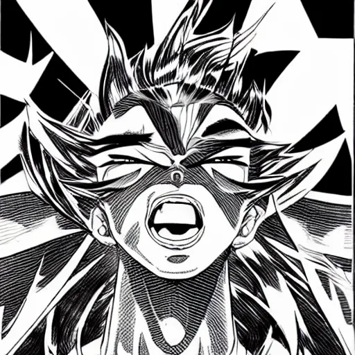 Image similar to Serious Sneeze destroys the sun, manga panel, black and white ink, by Yusuke Murata