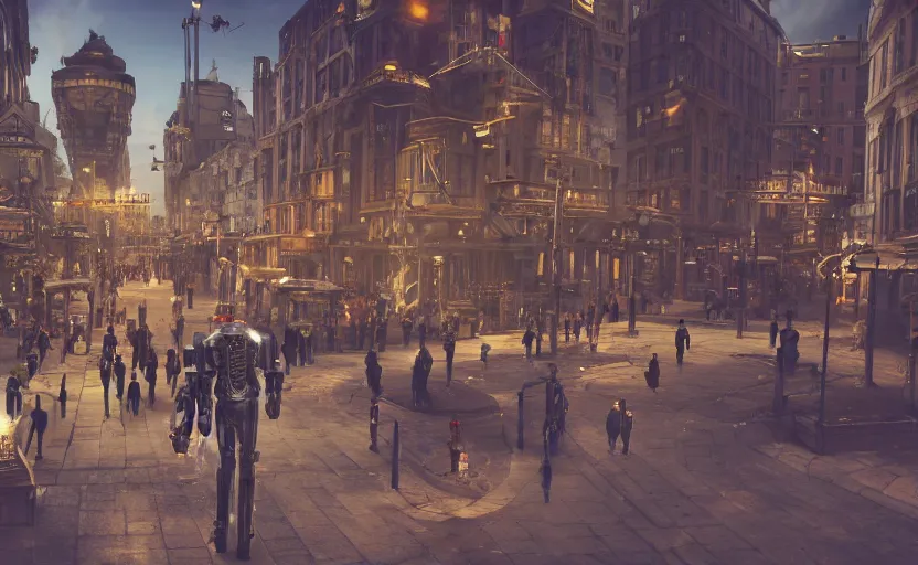 Image similar to professional photo of a steampunk city, utopia, pedestrians!, mechs roaming the streets, 3d render, Unreal Engine, octane render, ray tracing, Unity, highly detailed, high quality, HD, 4k, 8k, realistic, sharp, trending