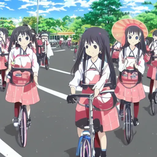 Prompt: too many Japanese high school girls going home on bicycles, by Kyoto Animation