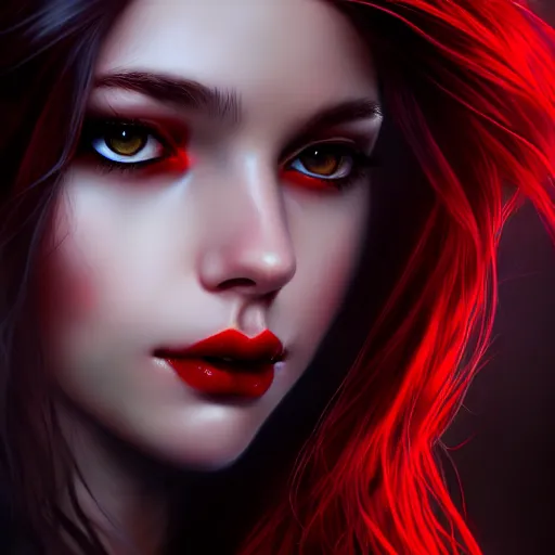 Prompt: a realistic illustration portrait of a beautiful cute girl with wavy black and red hair, a pointy nose and, round chin black eyeliner, trending on artstation, dynamic, hyper - realistic lighting, intricate, ross tran, realistic hair