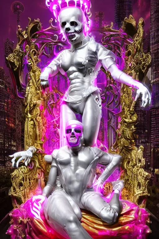Prompt: full-body rococo and cyberpunk style neon statue of a young attractive Marcelo Mastro macho dotado e rico android sim roupa reclining con las piernas abertas e la piroca dura, glowing white laser eyes, prince crown of pink gears, diamonds, swirling silver-colored silk fabric. futuristic elements. full-length view. space robots. human skulls. intricate artwork by caravaggio. Trending on artstation, octane render, cinematic lighting from the right, hyper realism, octane render, 8k, depth of field, 3D