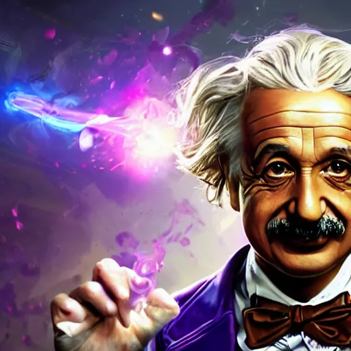 Image similar to portrait of albert einstein as willy wonka, league of legends amazing splashscreen artwork, fantasy, splash art, natural light, elegant, photorealistic facial features, intricate, fantasy, detailed face, atmospheric lighting, anamorphic lens flare, cinematic lighting, league of legends splash art, hd wallpaper, ultra high details by greg rutkowski