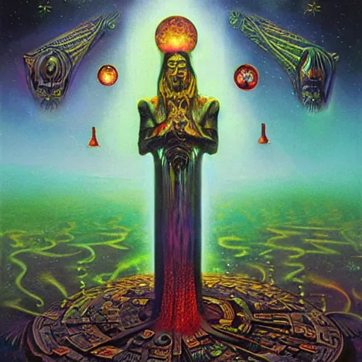 Prompt: hermetic, occult, surreal, hidden knowledge by Paul Lehr, Karl Kopinski and Alex Grey