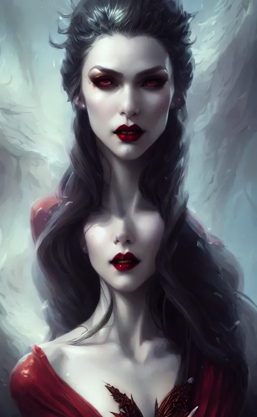 Image similar to desirable Vampire woman, fantasy, intricate, elegant, highly detailed, digital painting, artstation, concept art, matte, sharp focus, illustration, art by artgerm and Greg Rutkowski, dreadjim, zeen chin