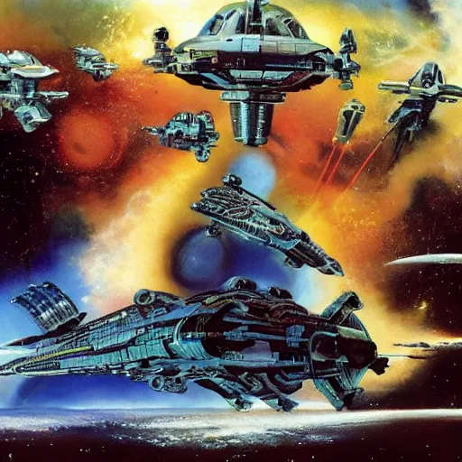 Prompt: gillian anderson, peter elson, chris foss, john berkey, tony roberts, jim burns, don davis