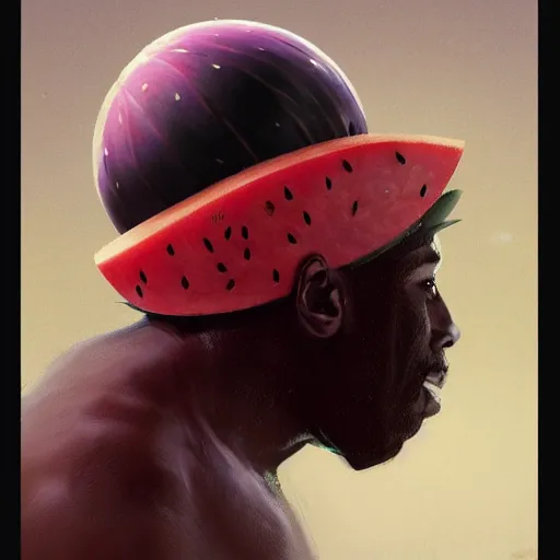 Prompt: side portrait of a goofy looking black guy with a watermelonmelon fruit helmet that covers only the top of his head by greg rutkowski