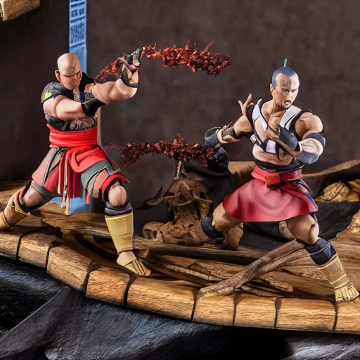 Image similar to photo of figma figures inside a diorama, depicting the fighters of mortal kombat brutally fighting each other inside a shaolin temple.